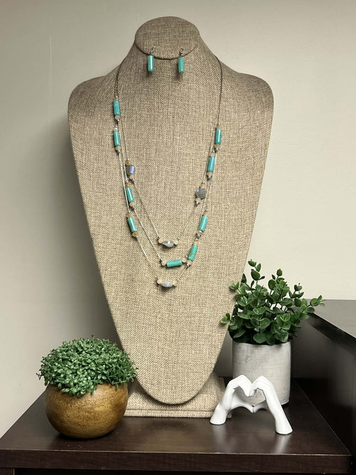 Sliver Necklace Set, with Turquoise and White Resin Beads