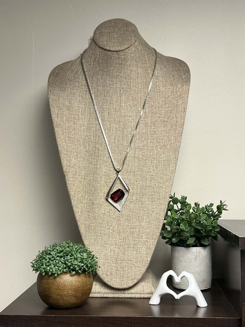 Silver Neckace with Red Diamond Shaped Pendant