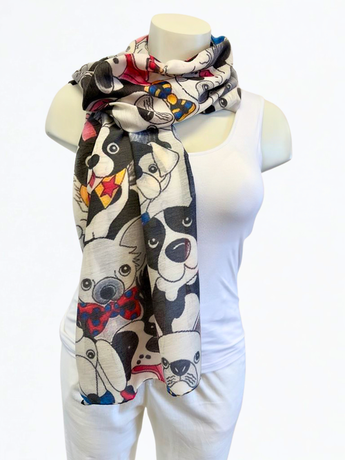 Printed Scarf - Black and White Dog Print