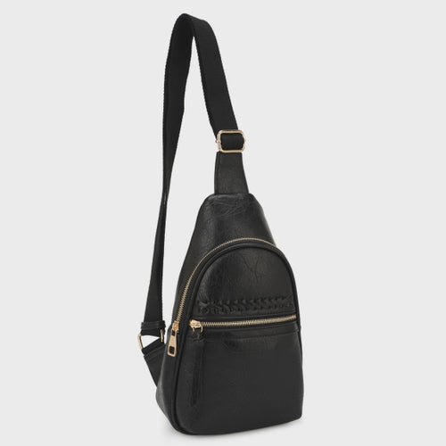 Black Jane Hibiscus Sling Bag, Vintage Tooled Vegan Leather Bag