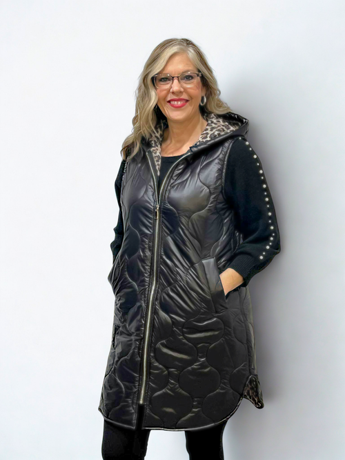 Black Puffer Vest with Animal Print Inside