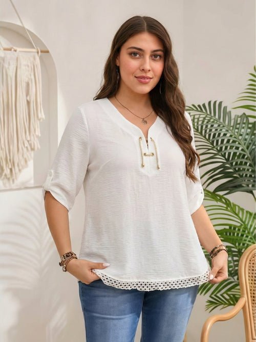 Michael Tyler | Ivory V-Neck Tunic Blouse with Gold String and Eyelets