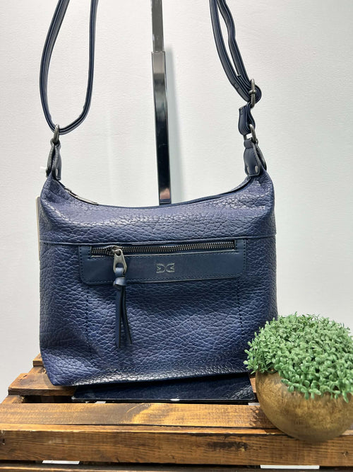Blue Vegan Leather Shoulder Bag, Front Zip