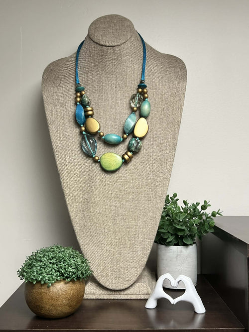 Adjustable Turquoise Chunky Wooden Bead Necklace