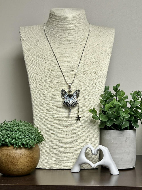 Necklace, 3D Jewelled Fairy Pendant in Blue and Silver
