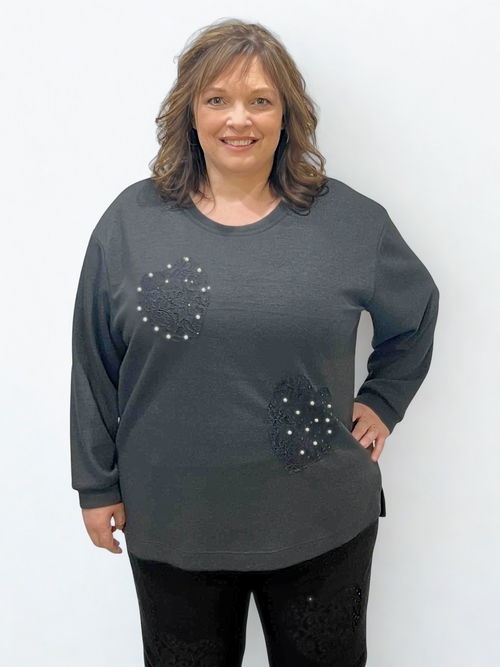 Modes Crystal | Black Casual Crew Top with Lace Hearts