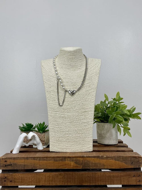 Heart Pendant Link Necklace, Silver,Pearl