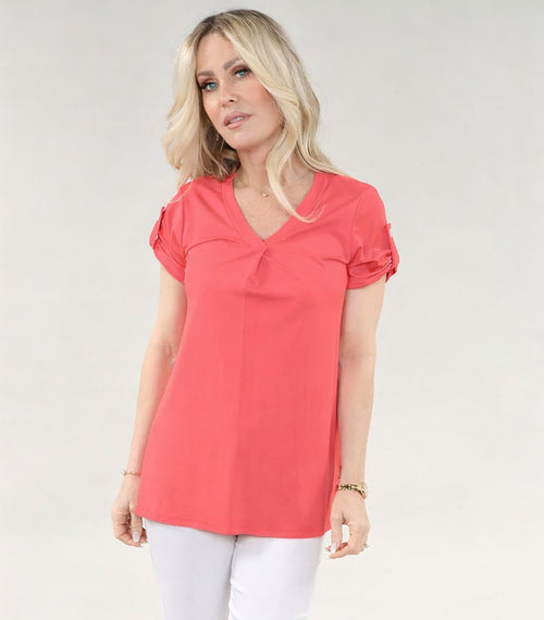 Michael Tyler | Coral  V-neck Top, Short Sleeve with Pleated Front
