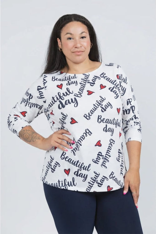 Alison Sheri  | White Cotton  Knitted Sweater with Beautiful Day Print