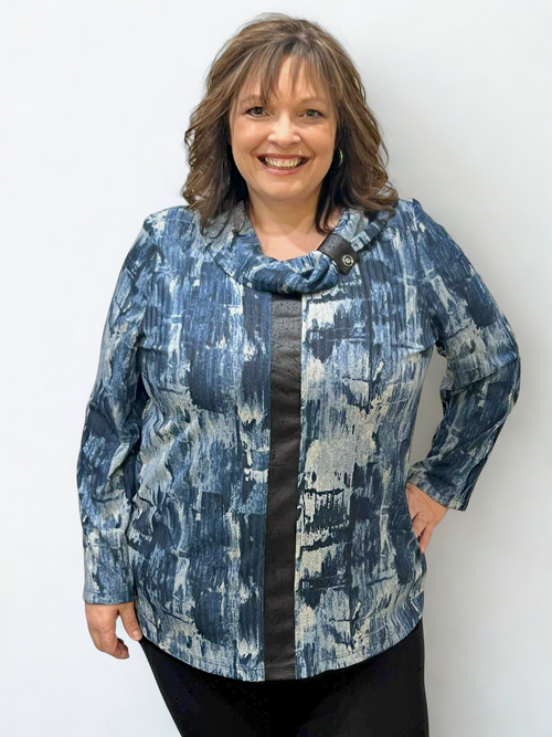 Modes Crystal | Denim  Cowl Neck Tunic with Leather Accents