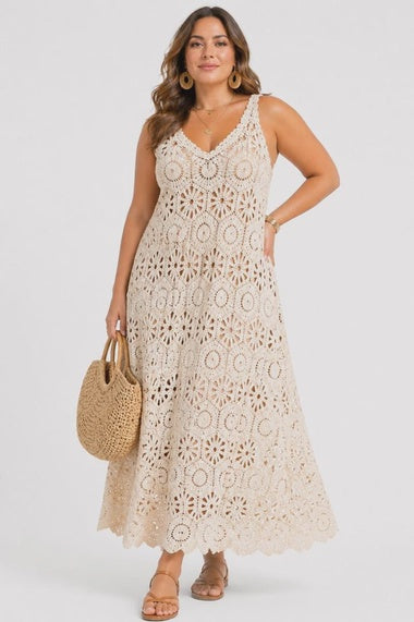 One Size Beige Long Bohemian Crochet Cover Up