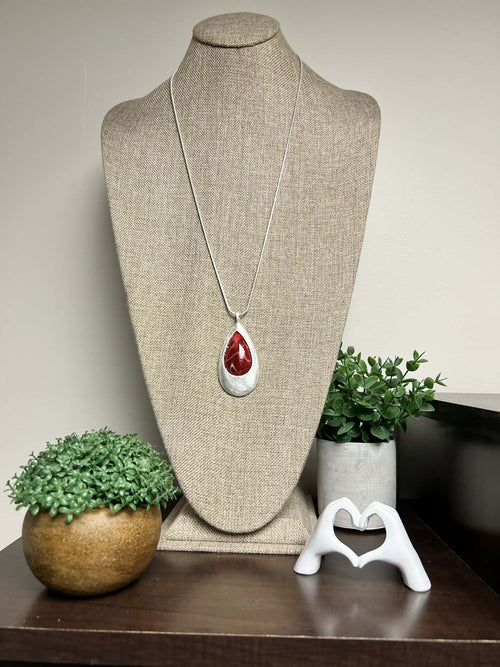 Adjustable Silver Necklace with Red Teardrop Pendant