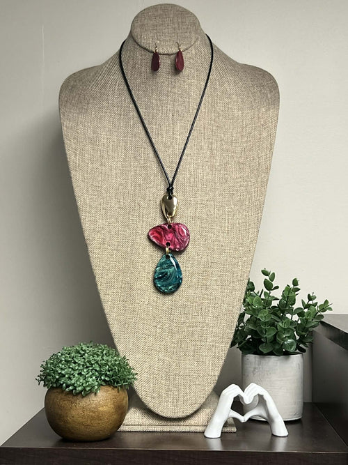 Fuchsia/Teal Teardrop Necklace and Earring Set