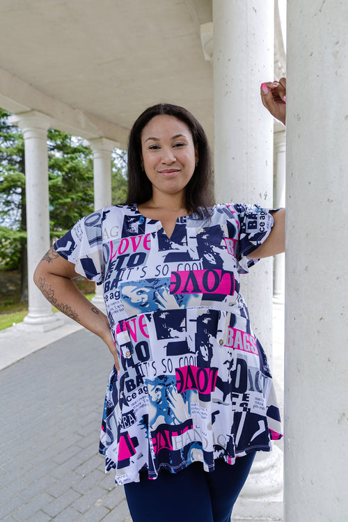 Black LABB Clothing | BL55 Magazine Print Short Sleeve Peplum Top