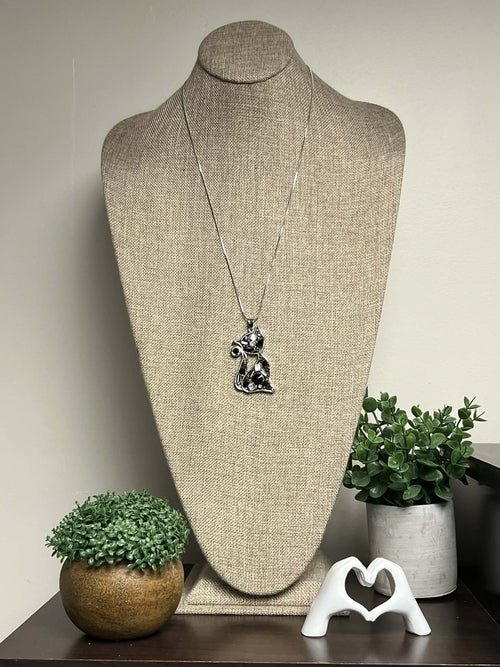 Silver Necklace with a Black Rhinestone Cat Pendant
