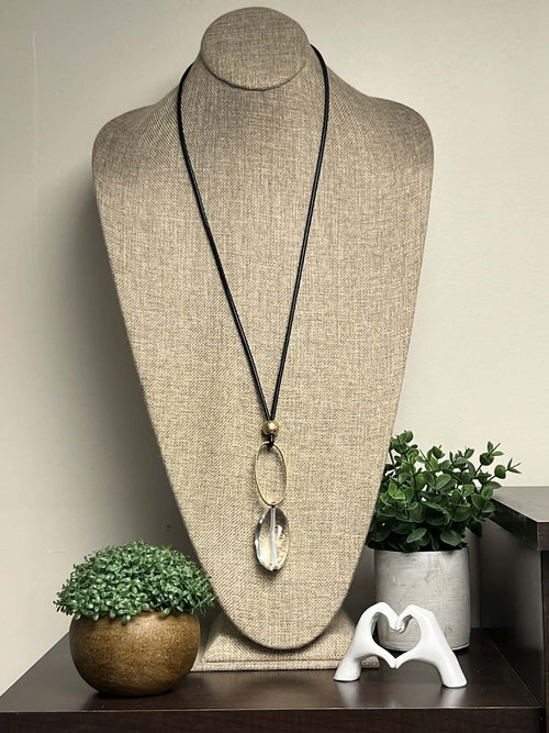 Black Adjustable Leather String Necklace with Frosted Gold Ring