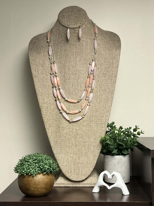 Silver Necklace & Earring Set with Pink, Coral Marble Resin Beads
