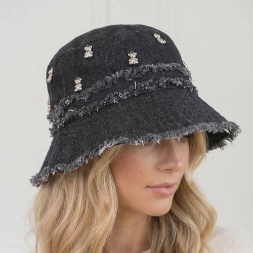 Frayed Denim Trim Teddy Bear Charm Hat