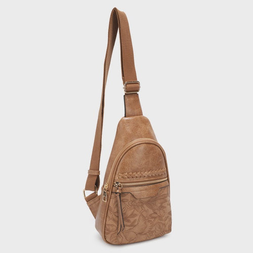 Brown Jane Hibiscus Sling Bag, Vintage Tooled Vegan Leather Bag
