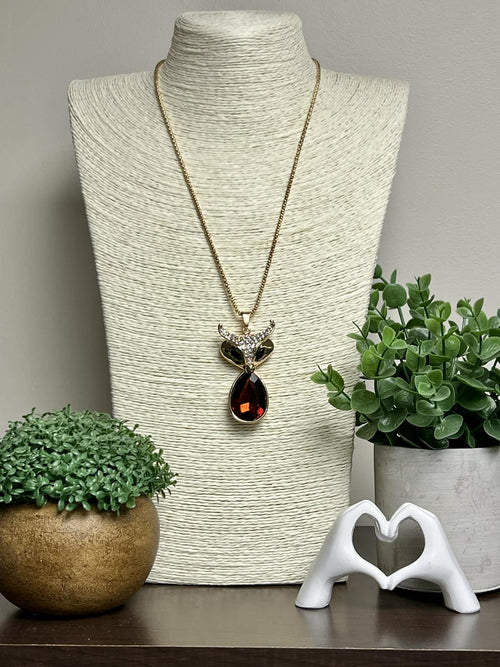 Gold Rhinestone Fox Necklace with Red Gem