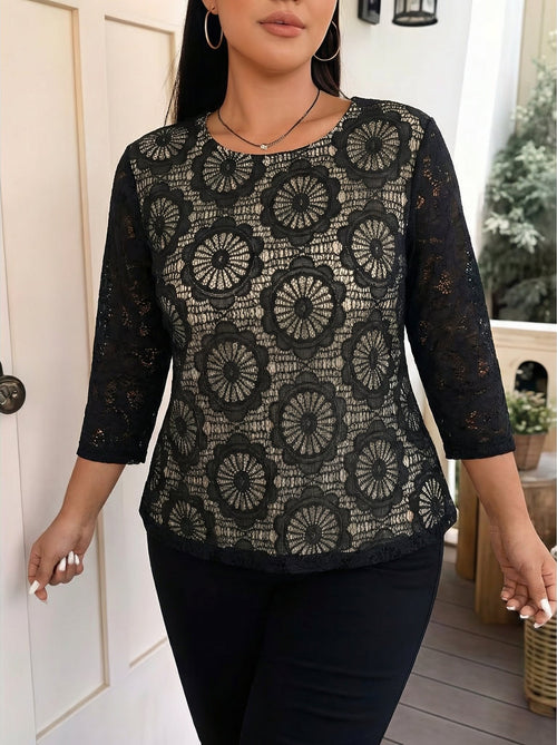 Parsley & Sage | Leva Black Lace Top with Beige Underlay