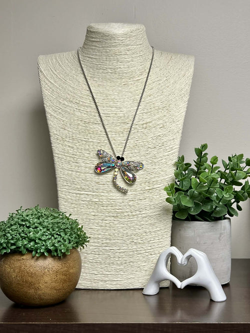 Sliver Rhinestone Dragonfly Necklace