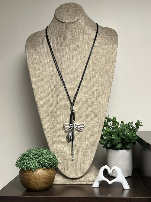 Black Adjustable Leather String Necklace with Dragonfly Pendant
