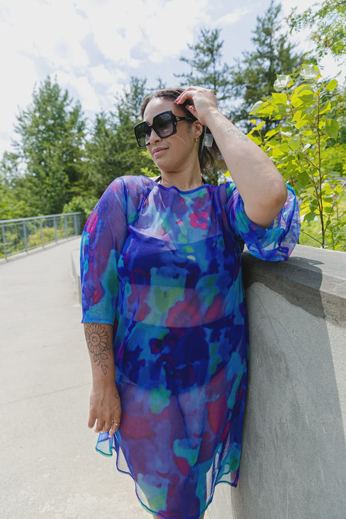 Black LABB Clothing | BL104-218 Whimsical Blue Asymmetric Long Mesh Cover-Up