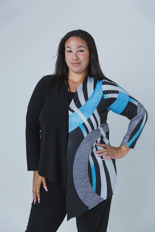 Black LABB Clothing | BL65-206 Black/Teal Swirl Asymmetric One Button Jacket