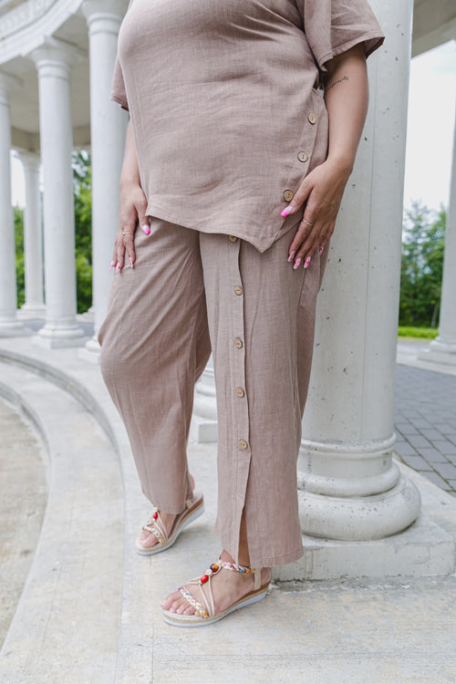 Black LABB Clothing | BL98 Beige Linen Pant With Button Detail