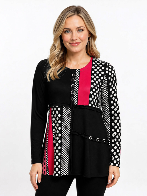 Black LABB Clothing | BL130-307 Pink Polka Colour Blocking Tunic With Buttons