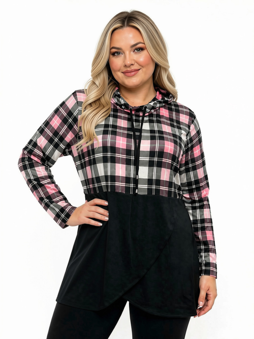 Black LABB Clothing | BL77-310Y Pink Plaid Peplum Tunic