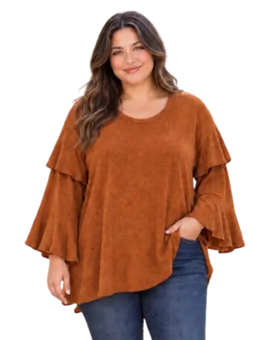 One Size Plus Rust Top with Double Layered Bell Sleeves