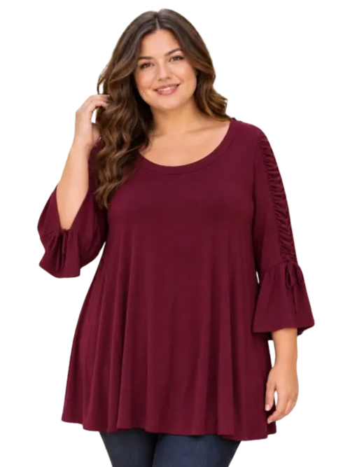 One Size Plus -Wine Tunic with Ruching Sleeves