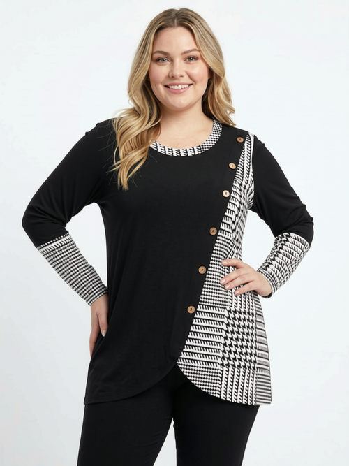 Black LABB Clothing | BL74-204 Houndstooth Combo Trim Neck Tunic