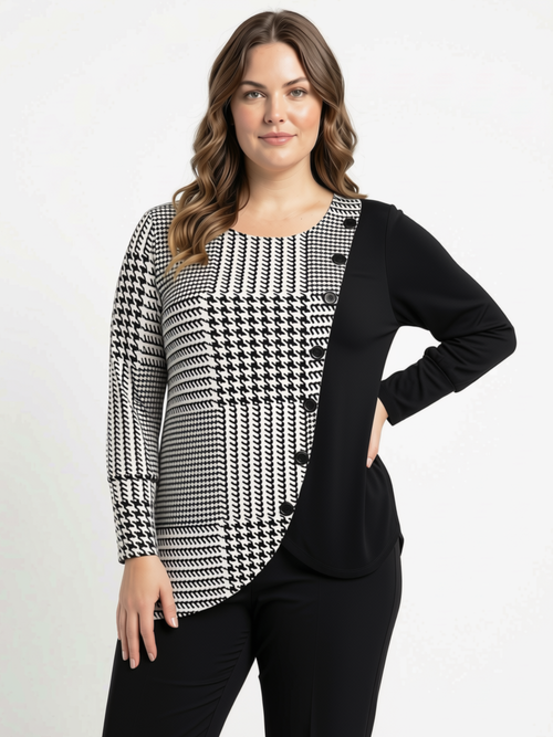 Black LABB Clothing | BL76-204Y Houndstooth Side Button Tulip Hem Top