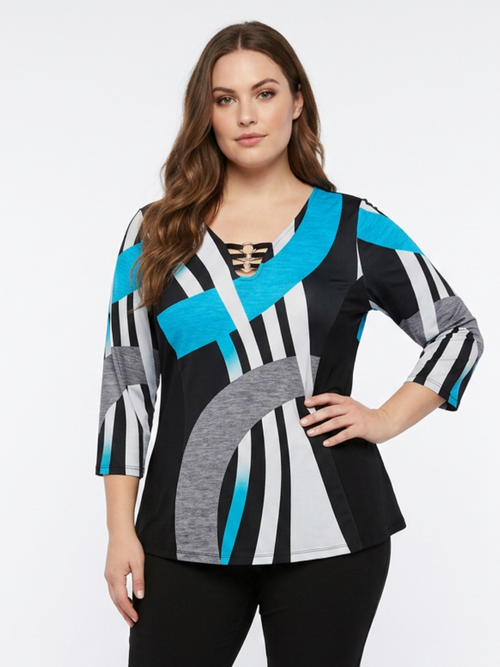 Black LABB Clothing | BL70-206 Black/Teal Swirl Colour Block Tuxedo Back Top
