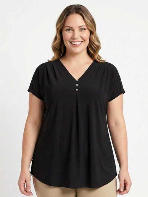 Black LABB Clothing | BL45 Black Draped Short Sleeve Top with Buttons