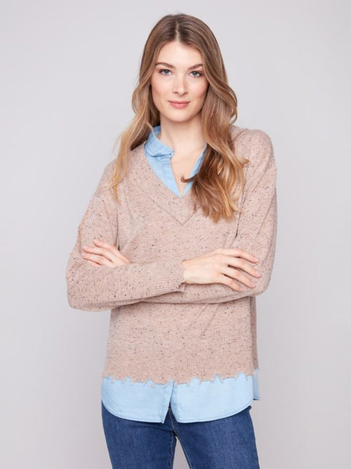 Charlie B | V-Neck Fooler Sweater With Shirt Collar, Oat