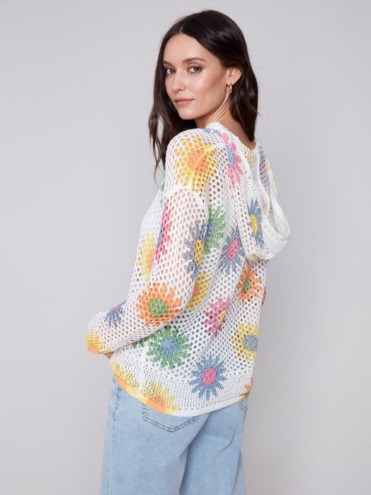 Printed Daisies Fishnet Crochet Hoodie Sweater