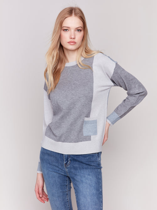 Charlie B Colour Block Crew-Neck Sweater With Front Pocket Detail | H-Grey