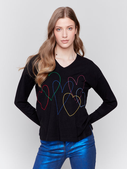 Charlie B Heart Embroidered V-Neck Plushy Sweater | Black