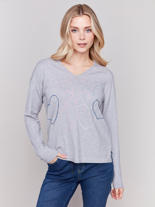 Charlie B Heart Embroidered V-Neck Plushy Sweater | H-Grey