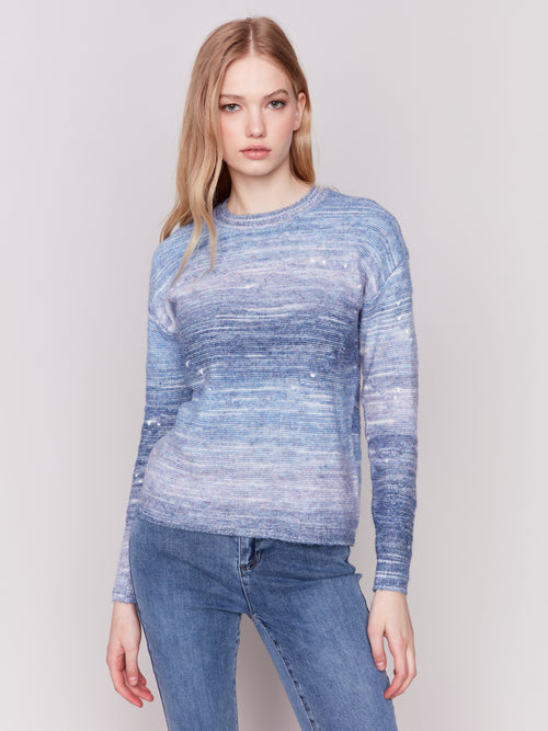 Charlie B Long Sleeve Crew Neck Long Space Dye Cable Knit Sweater | Blue