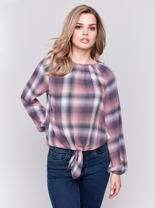 Charlie B Crew-Neck Raglan-Sleeve Plaid Blouse With Front Knot | Quartz