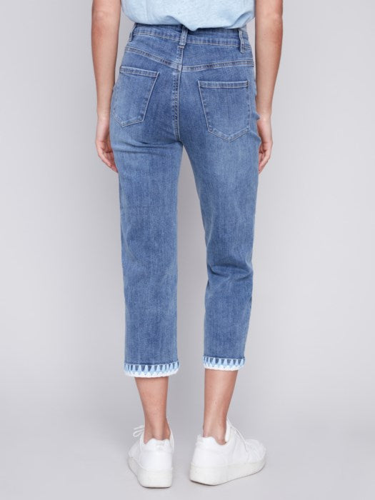 Medium Blue Straight Leg Jeans with Embroidered Stitch Hem
