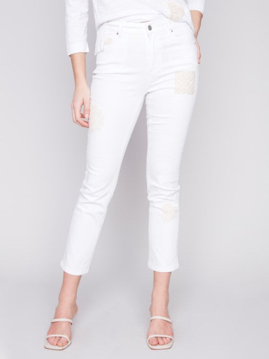 White Jeans with Crochet Patch Details
