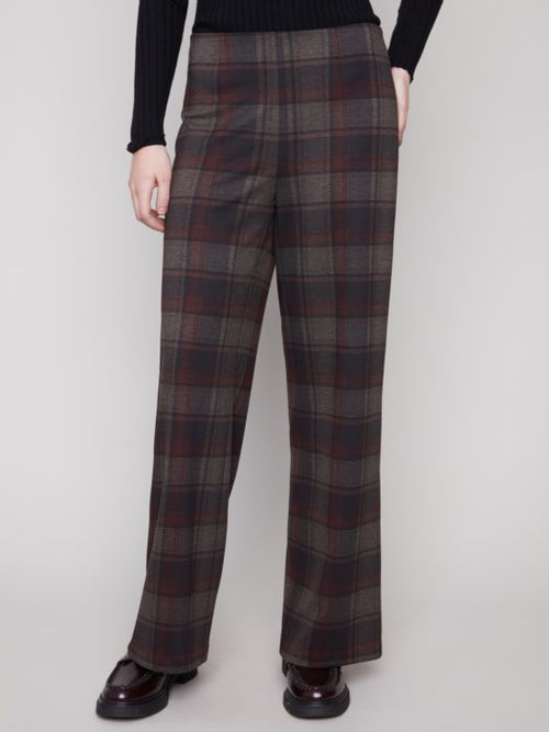 Charlie B | Printed Plaid Pull-On Ponte Wide Leg Pants, Cacao