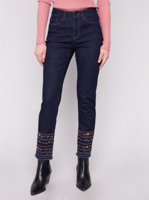 Charlie B | Embroidered Hem Jeans, Deep Blue