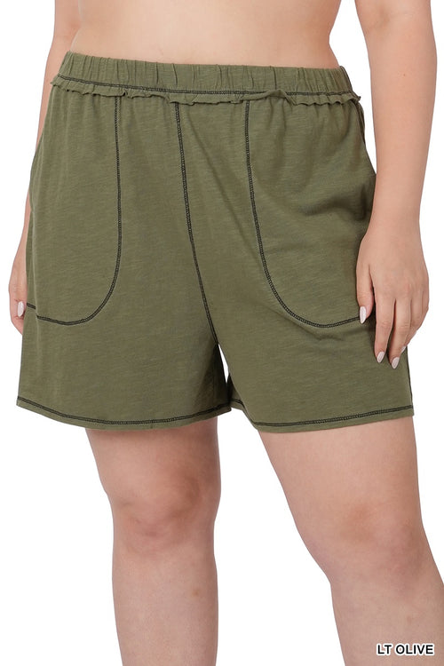 Light Olive Cotton Contrast Stitch Shorts with Pockets